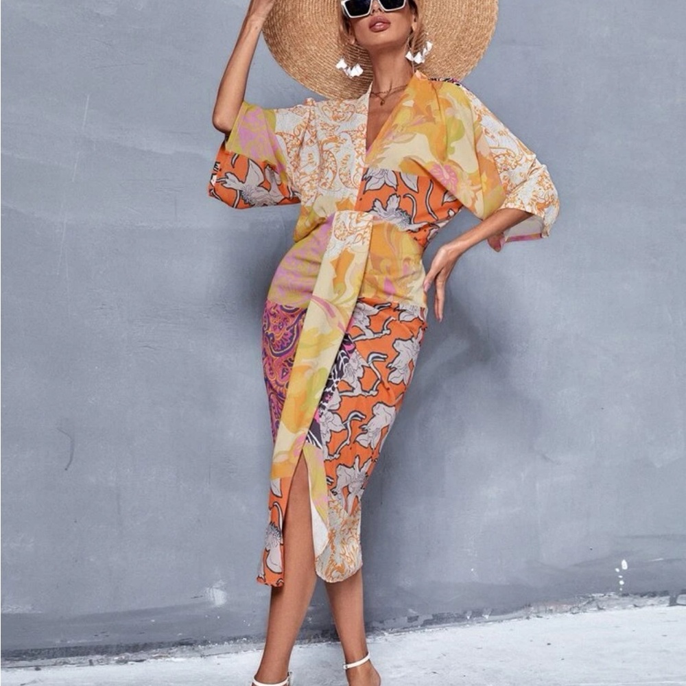 Floral & Paisley Print V Neck Batwing Sleeve Dress